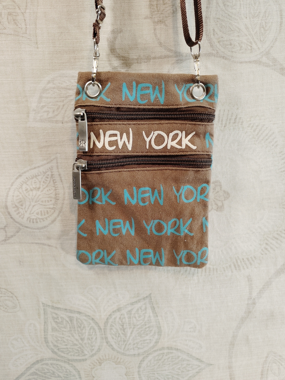 Robin Ruth Mini Brown Crossbody Bag with Turquoise New York Script